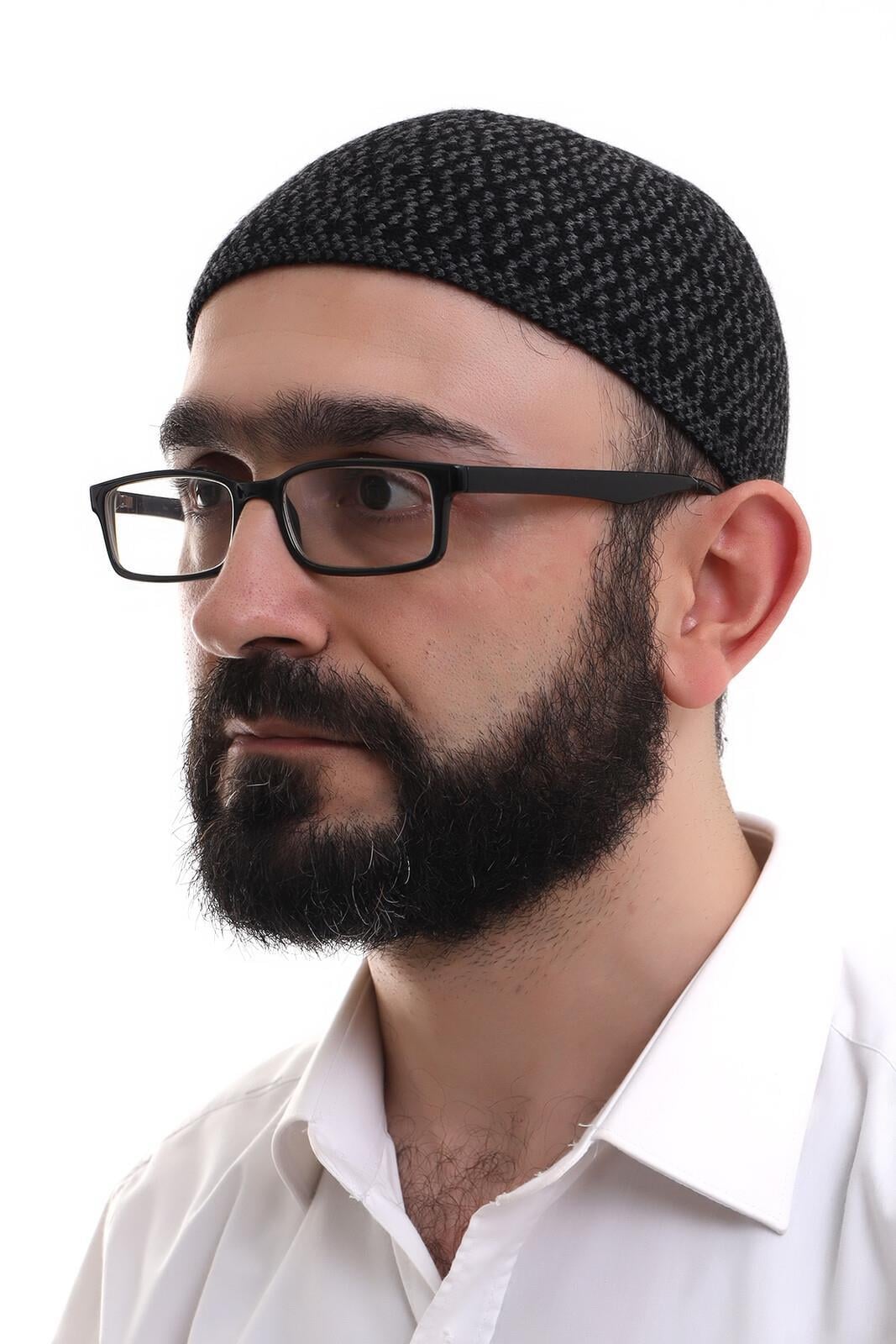 Kışlık Orlon Namaz Takkesi Baklava Desenli Takke - Koyu Gri
