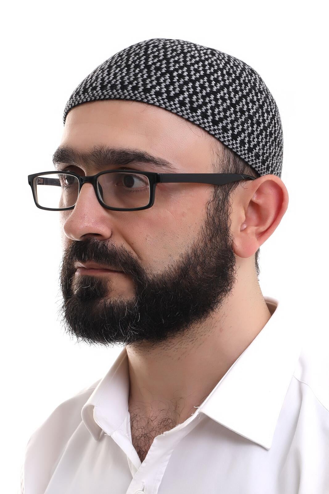 Kışlık Orlon Namaz Takkesi Baklava Desenli Takke - Gri