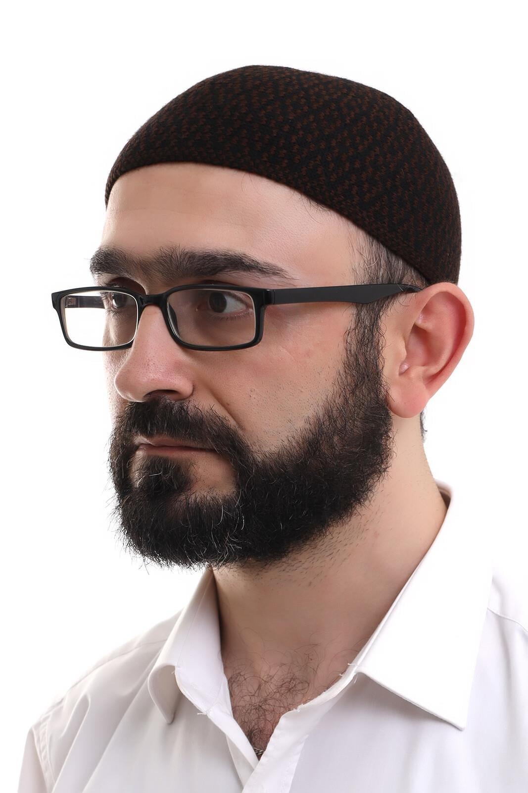 Kışlık Orlon Namaz Takkesi Baklava Desenli Takke- Kahverengi-Siyah