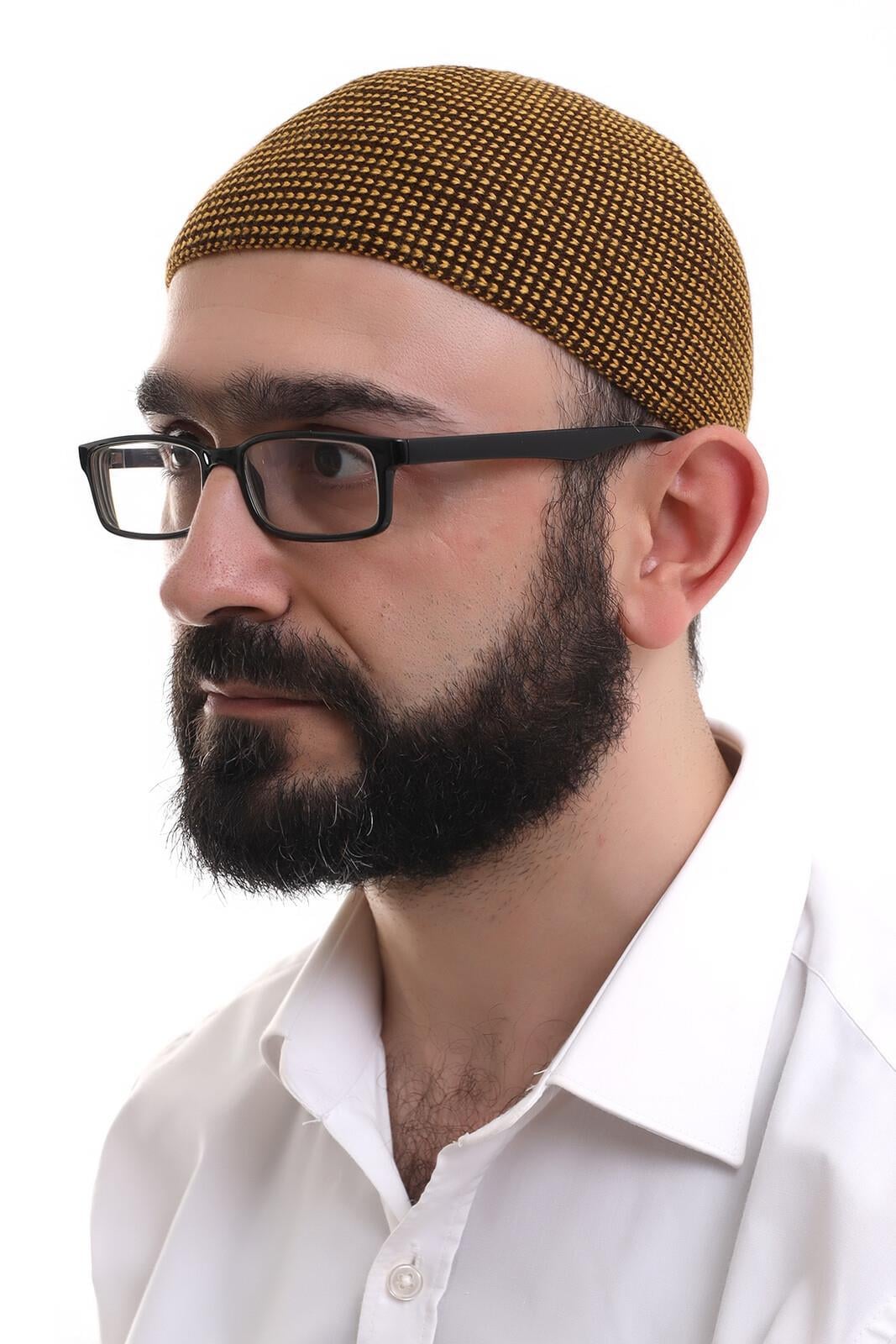 Kışlık Orlon Namaz Takkesi Nokta Desenli Takke  - Hardal Renk