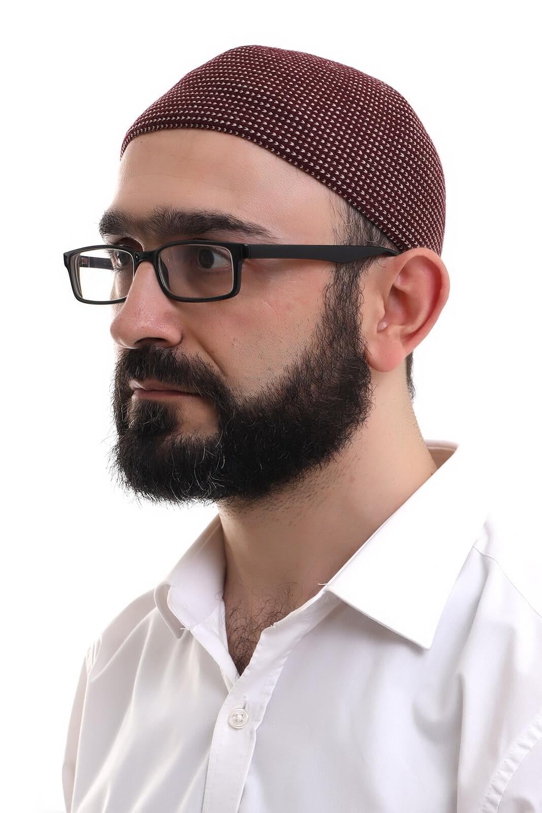 Kışlık Orlon Namaz Takkesi Nokta Desenli Takke - Bordo