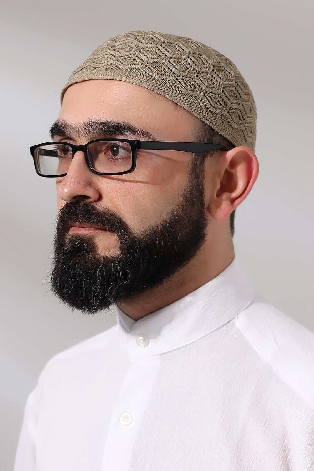 Kubbetül Hadra Platinum Serisi Dantel Detaylı Örme Namaz Takkesi Kahve