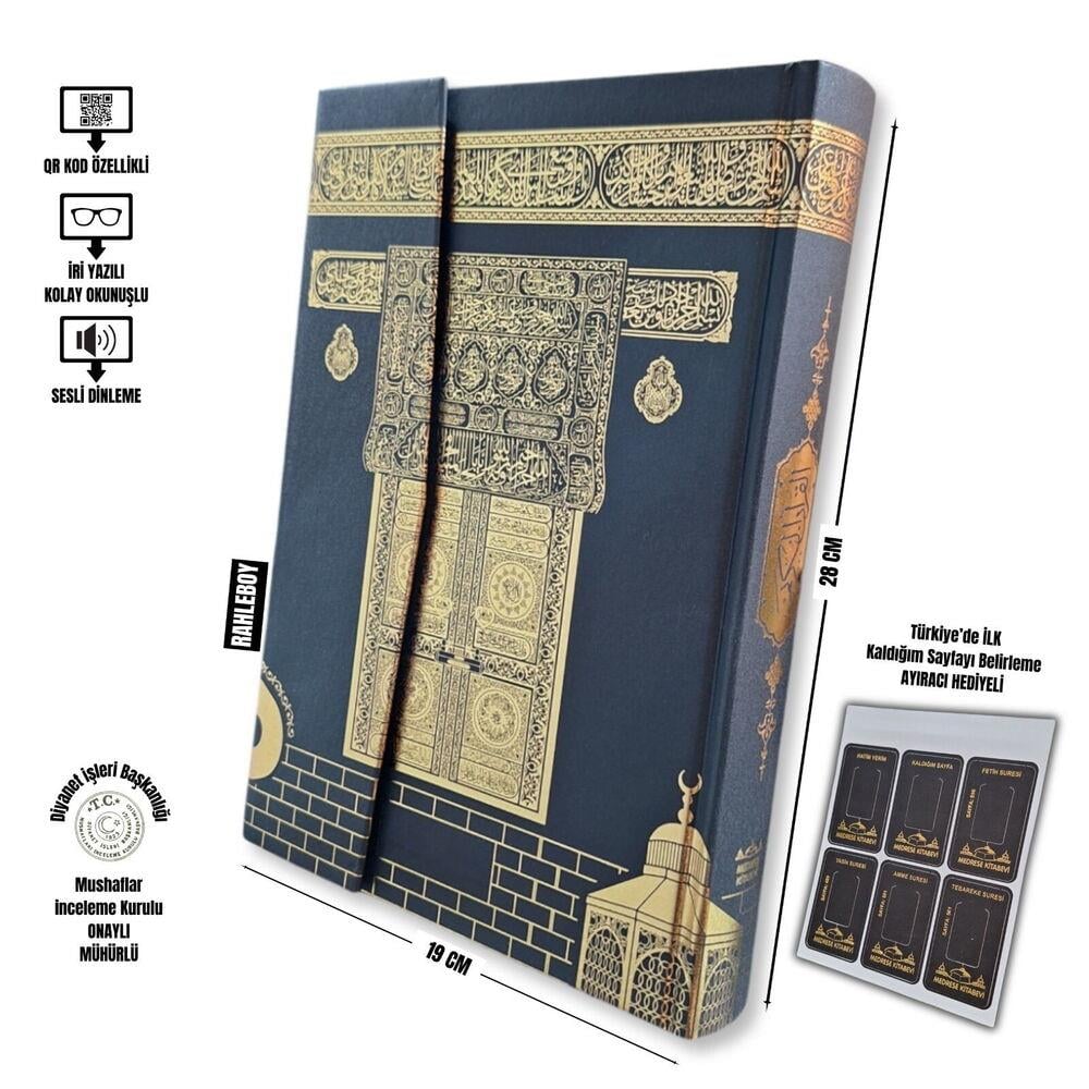Kuran-ı Kerim Cilt Bezli Kabe Desenli, QR Kod Özellikli, Sesli Dinleme, Mühürlü,İri Yazılı, Ayraç Hediyeli (Rahle Boy 19*28 cm)
