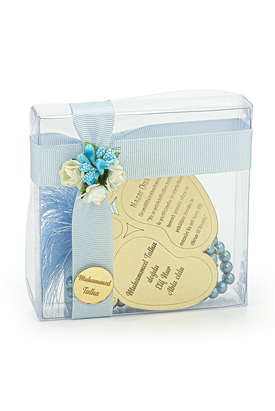 Kutulu İnci Tesbihli Aynalı Pleksi Dolap Süsü Bebek Mevlüt Hediye Seti Mavi