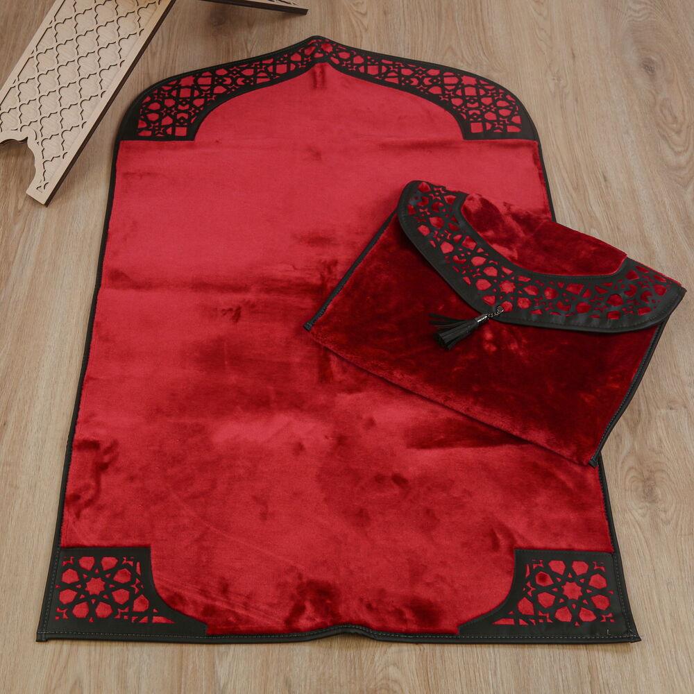 Lüks Çantalı Kaymaz Deri Tabanlı Soft Yumuşak Peluş Seccade Bordo (Seccade 72*228 cm, Çanta 39*44 cm)