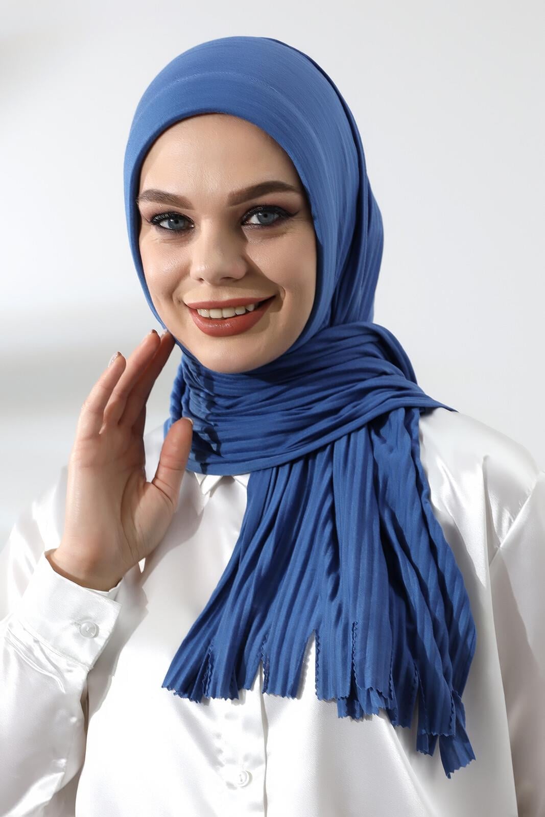 Mavi Tesettür Hazır Pratik Fitilli Pamuklu Şal