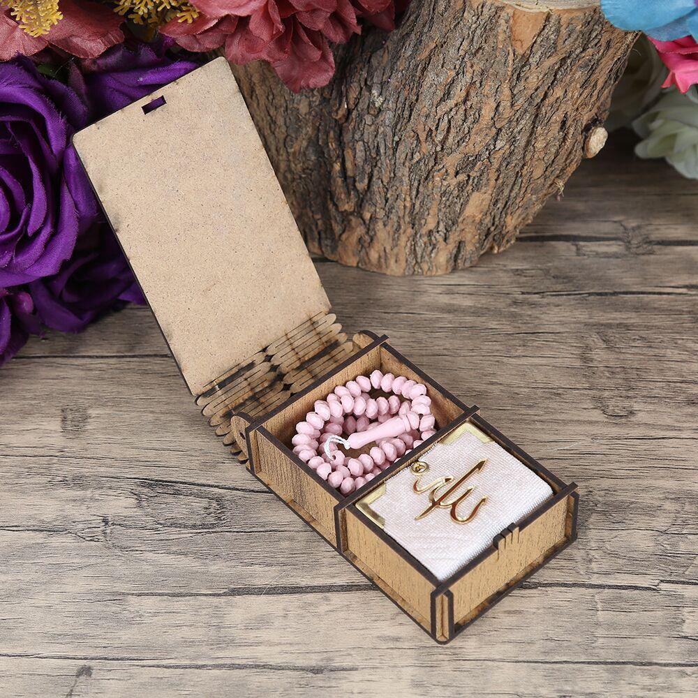 Mini Ahşap Kutuda Mini Kur'an-ı Kerim & Pembe Kristal Tesbih (13x7cm)