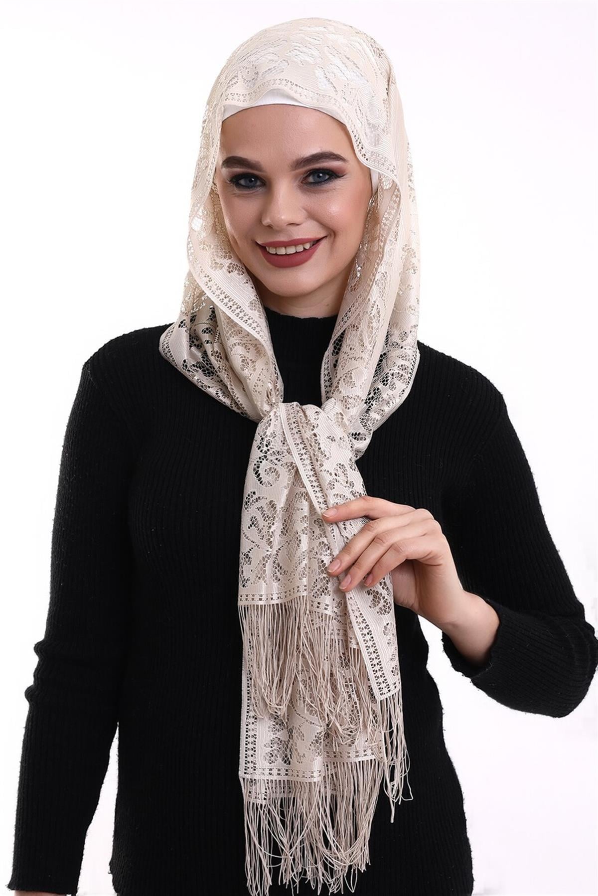Narin Pamuk Tül Şal Koyu Krem-2 60x160