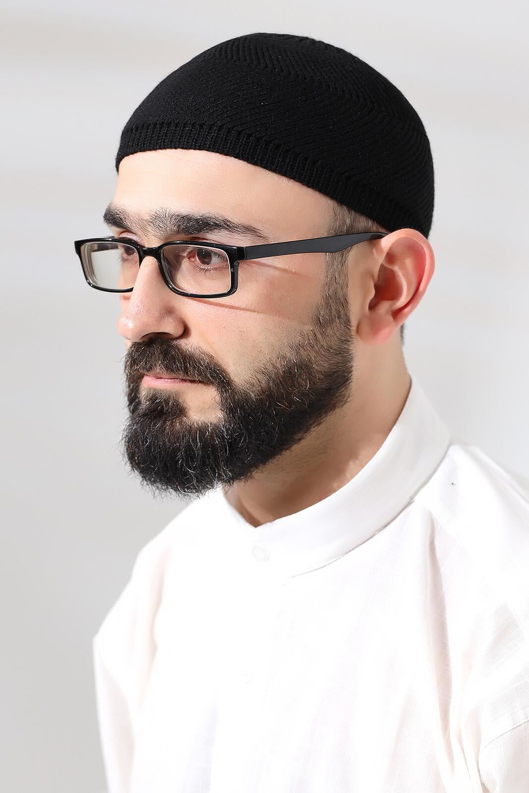 Siyah Süper Namaz Dantel Detaylı Örme Orlon Namaz Takkesi