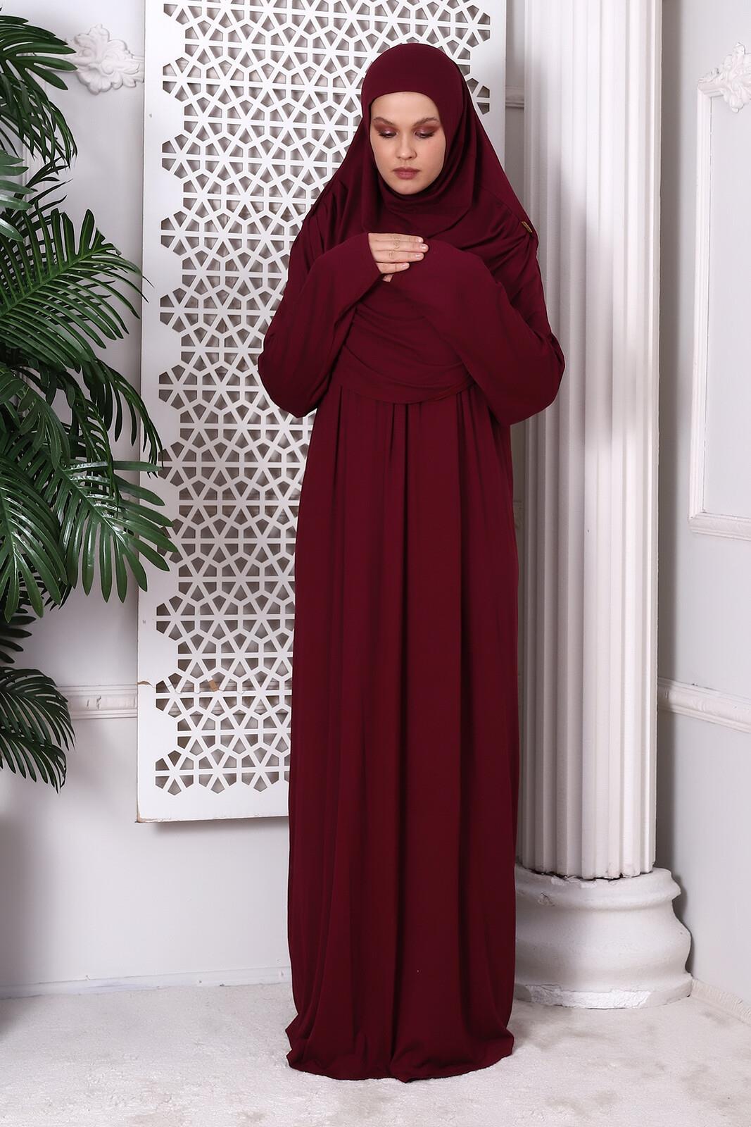 Tek Parça Pratik Başörtülü Robalı Namaz Elbisesi 8015 Bordo