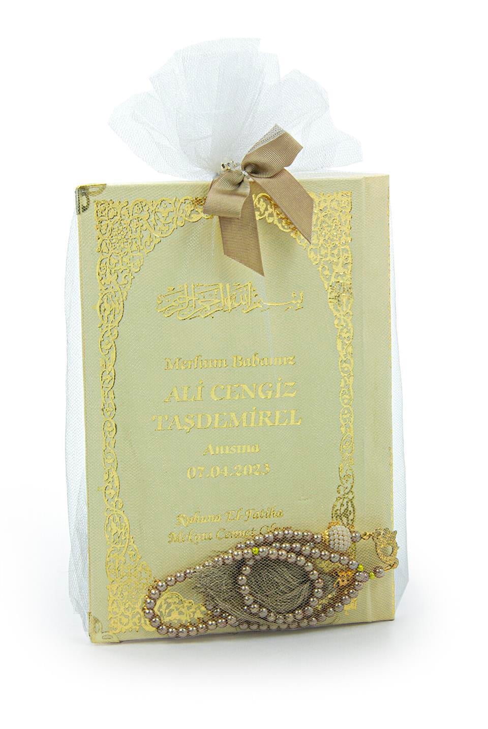 Tül Kaplamalı İsim Baskılı Ciltli Yasin Kitabı - Orta Boy - İnci Tesbihli - Gold