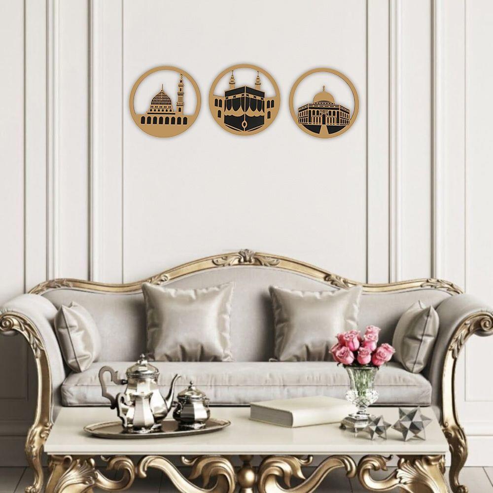 Üç Mescid ( Kabe, Ravza ve Aksa)  Gold Pleksi Üçlü Takım Duvar Süsü  (30*30 cm)