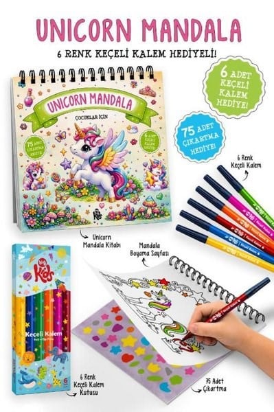 KolektifBoyama KitaplarıÇocuklar İçin Unicorn Mandala - 6 Renk Keçeli Kalem ve 75 Adet Çıkartma Hediye! 3+