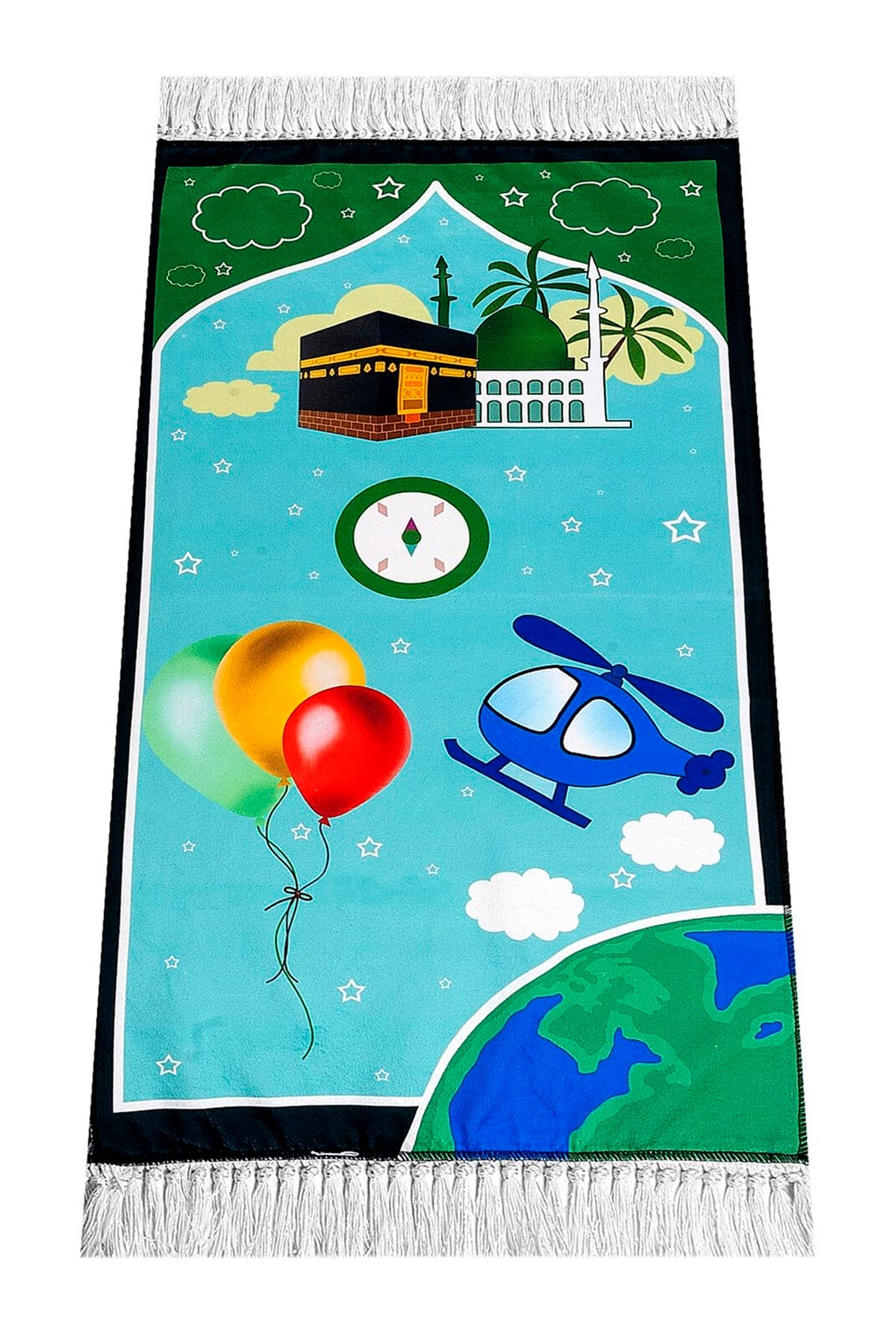 Dijital Baskılı Çocuk Seccadesi - Balonlu Kabeli Yeşil Renk - 44 X 78 cm