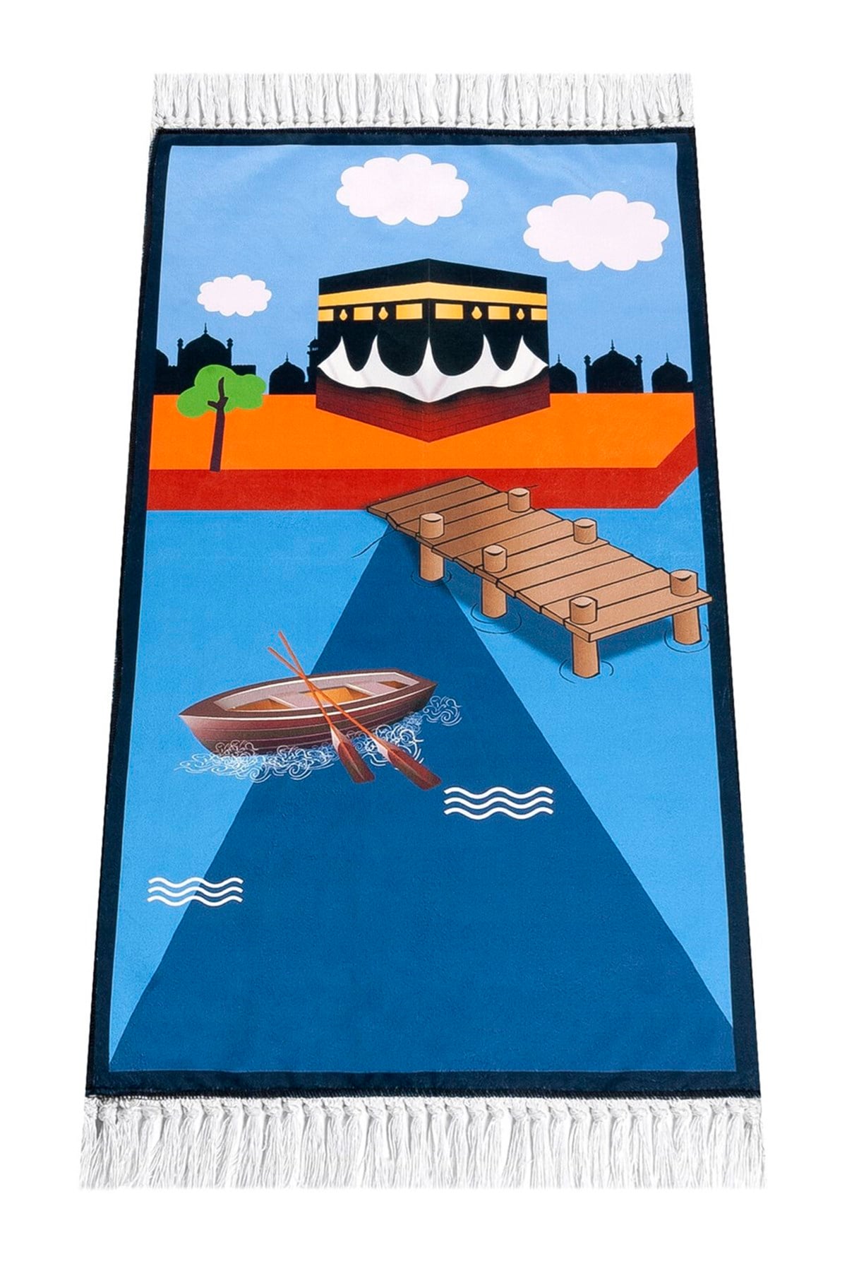 Dijital Baskılı Çocuk Seccadesi - Kayıklı Kabeli Mavi Renk - 44 X 78 cm