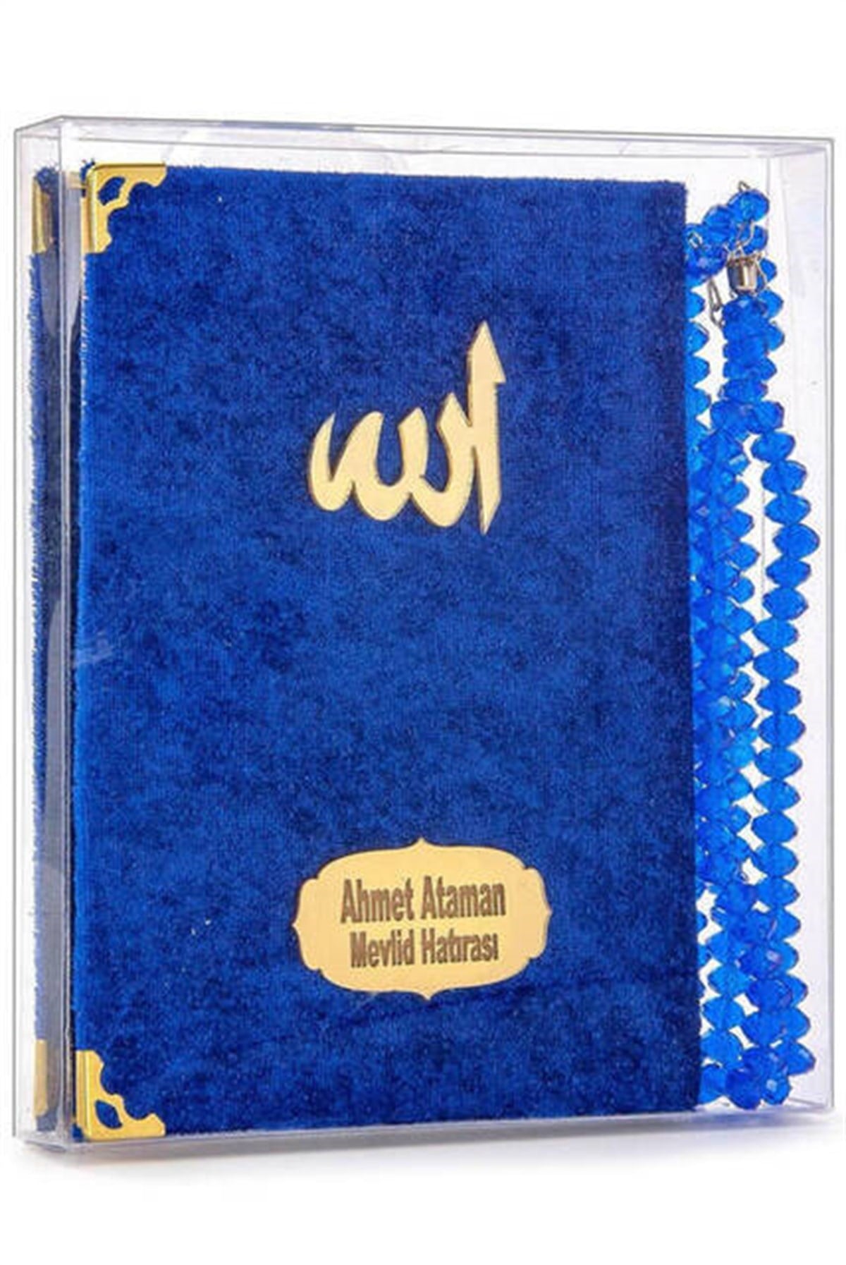 Kadife Kaplı Yasin Kitabı - Çanta Boy - İsim Baskılı Plaka - Tesbihli - Şeffaf Kutulu - Lacivert - Hediyelik Yasin Seti