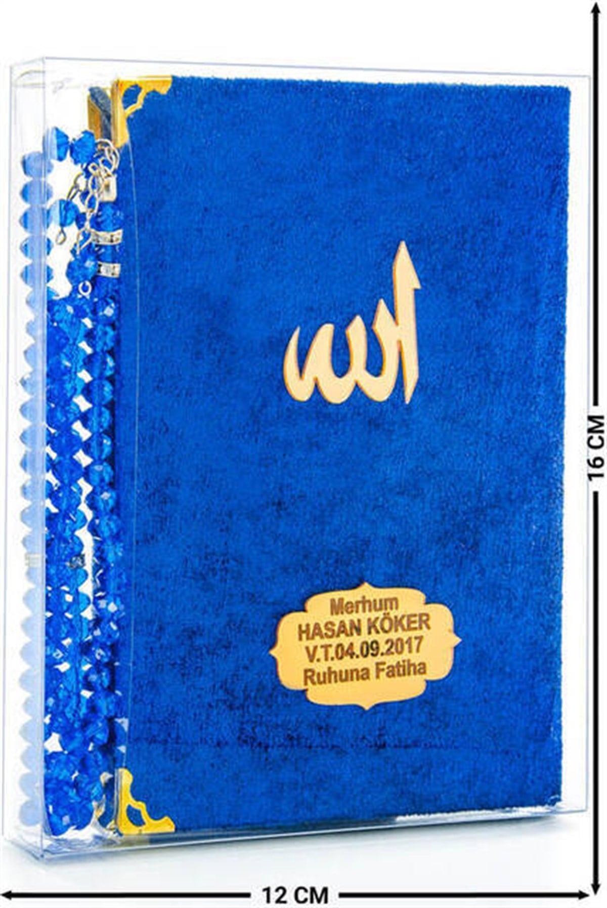 Kadife Kaplı Yasin Kitabı - Çanta Boy - İsim Baskılı Plaka - Tesbihli - Şeffaf Kutulu - Lacivert - Hediyelik Yasin Seti (2)