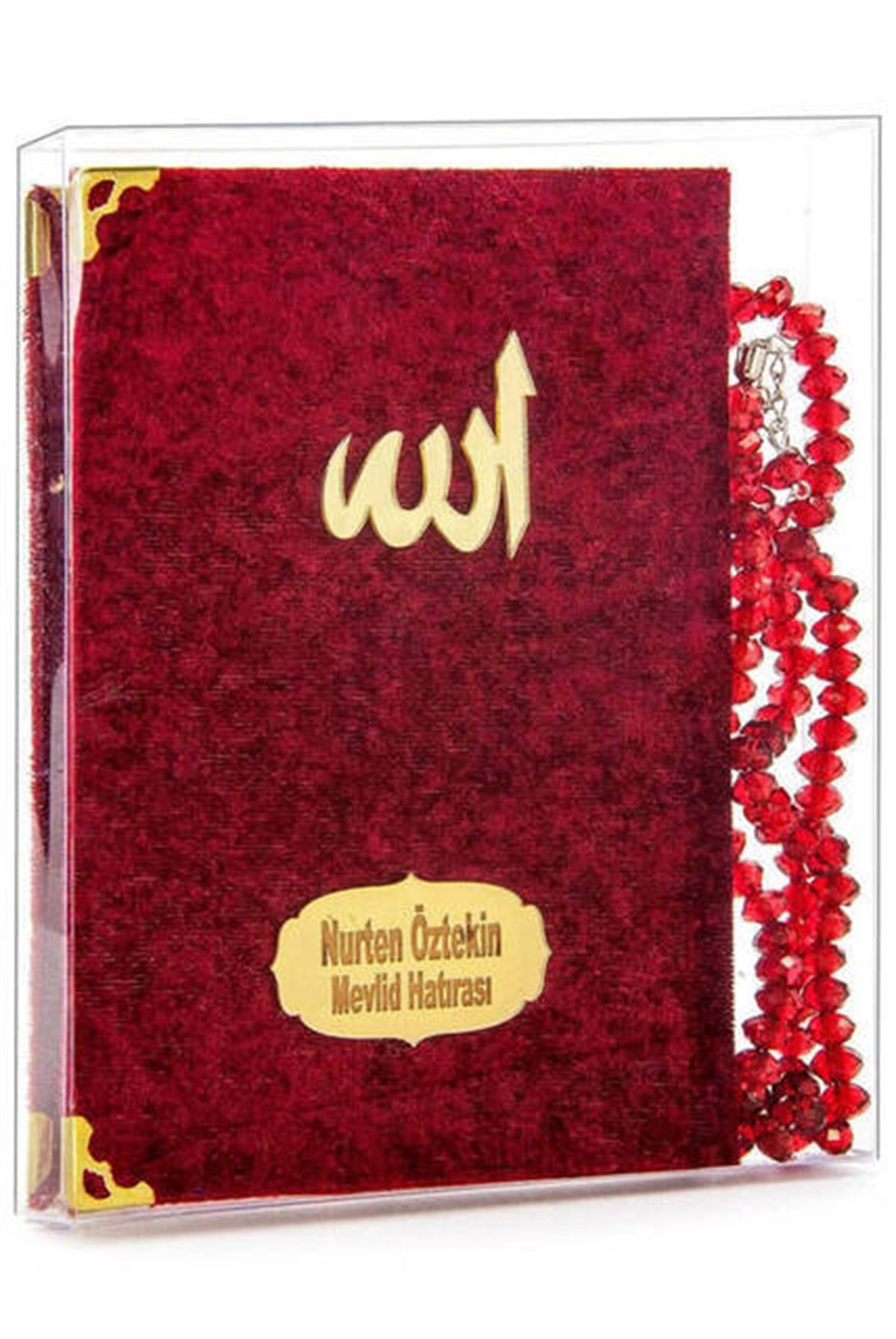 Kadife Kaplı Yasin Kitabı - Çanta Boy - İsim Baskılı Plaka - Tesbihli - Şeffaf Kutulu - Kırmızı - Dini Hediyelik