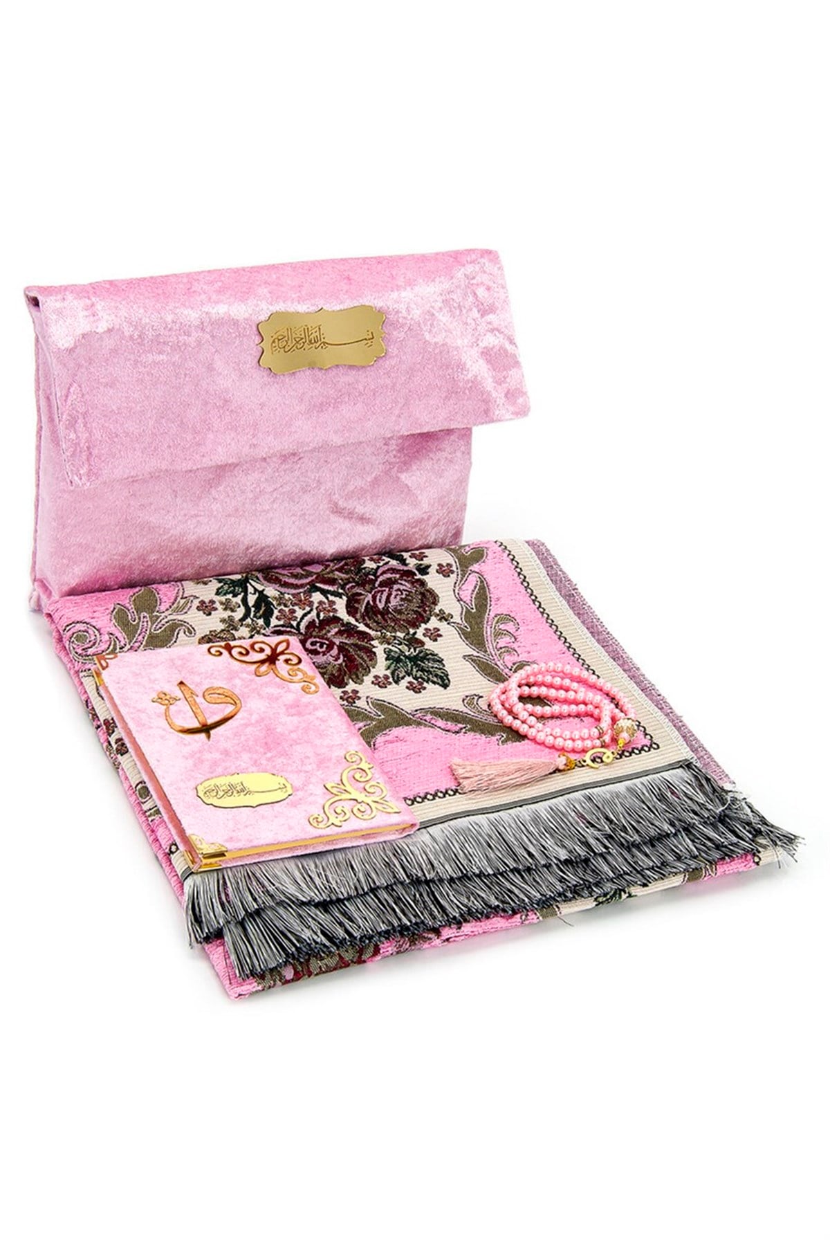 Kadife Keseli Lüks Seccade Seti - Pembe Renk