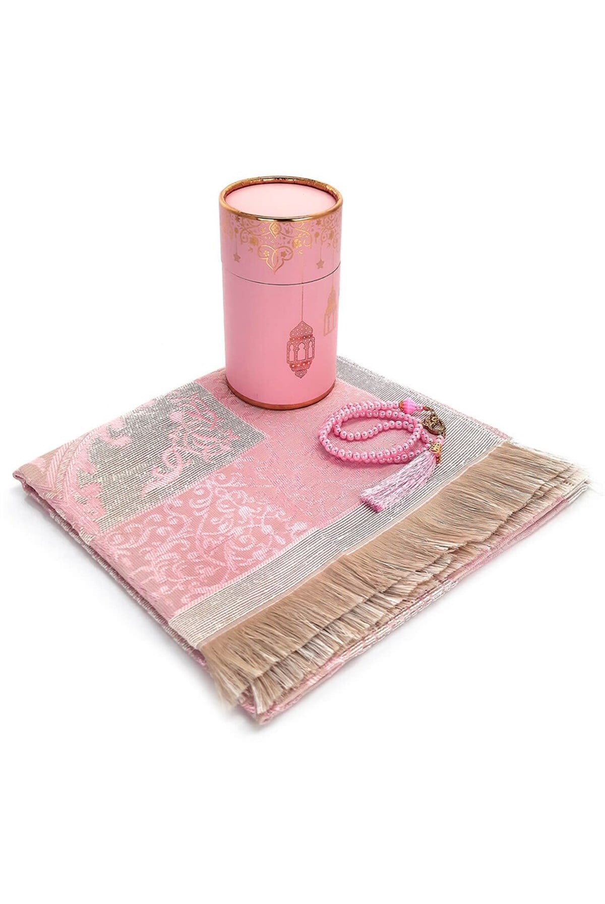 Seccadeli ve İnci Tesbihli Özel Silindir Kutulu Set Pembe