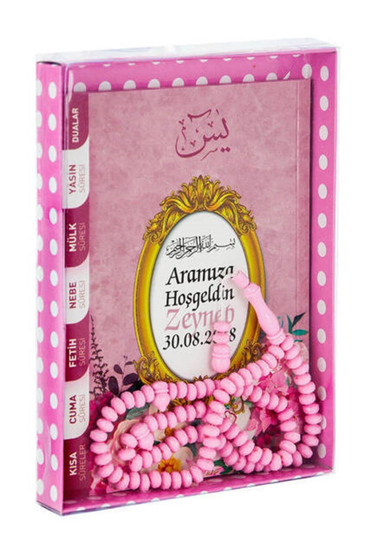 Yasin Kitabı - Çanta Boy - 80 Sayfa - İsim Etiketli - Karton Kutulu - Tesbihli - Pembe Renk - Mevlid Hediyeliği