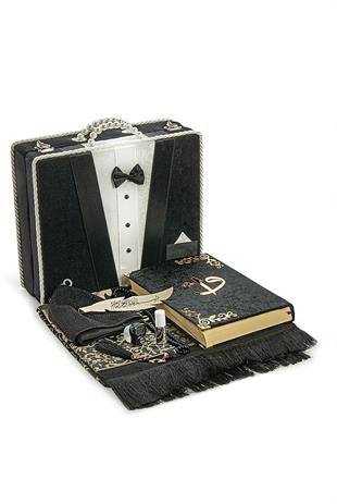 Sandıklı Damat Bohçasına Uygun Kuranı Kerim Seti Çeyizlik Seccade Seti Siyah