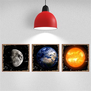 Dünya,Güneş,Ay Temalı Retro Tablo Seti