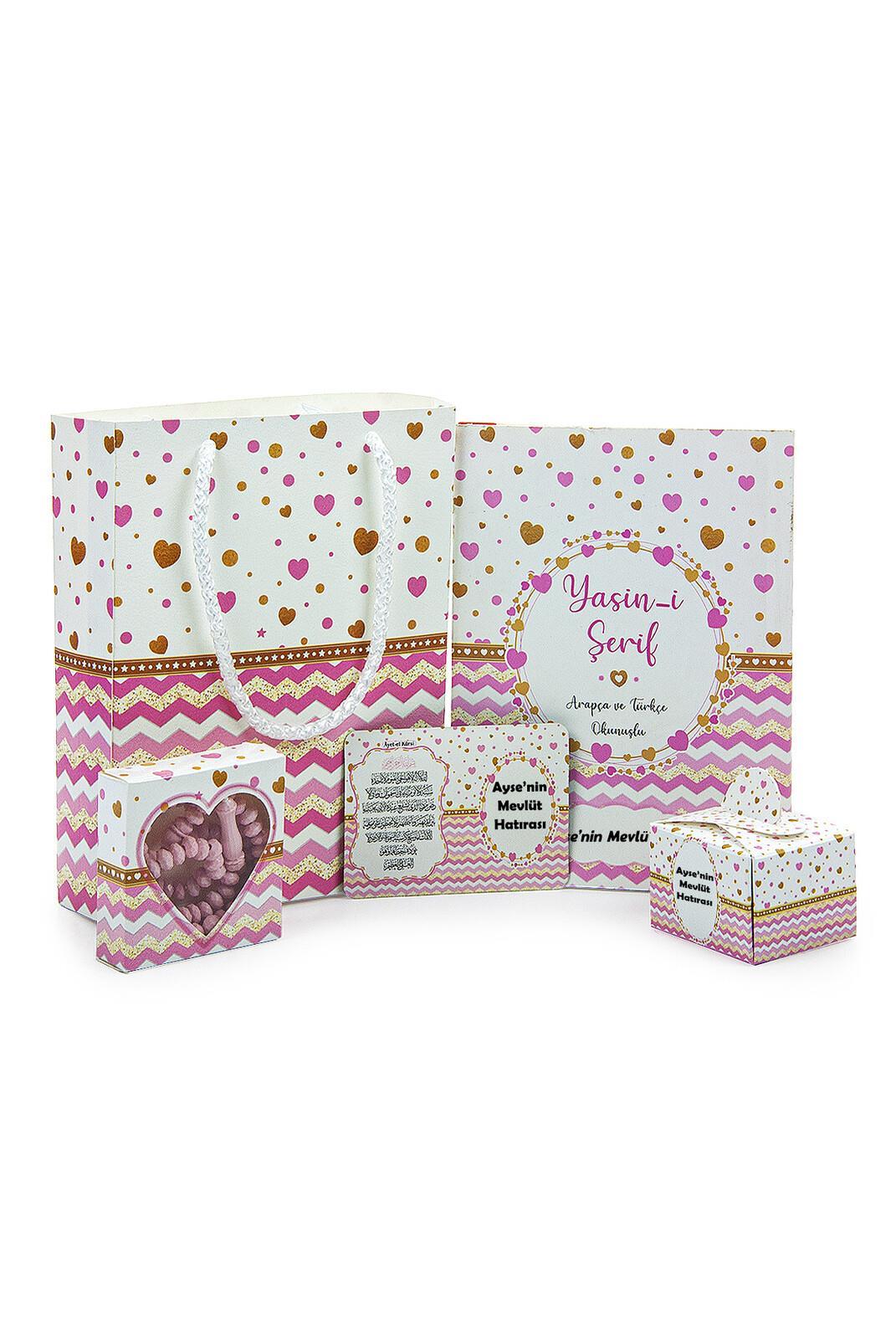 10 ADET İsme Özel Çantalı Şekerli Magnetli Tesbihli Pembe Bebek Mevlüt Hediyesi Yasin Kitabı Seti