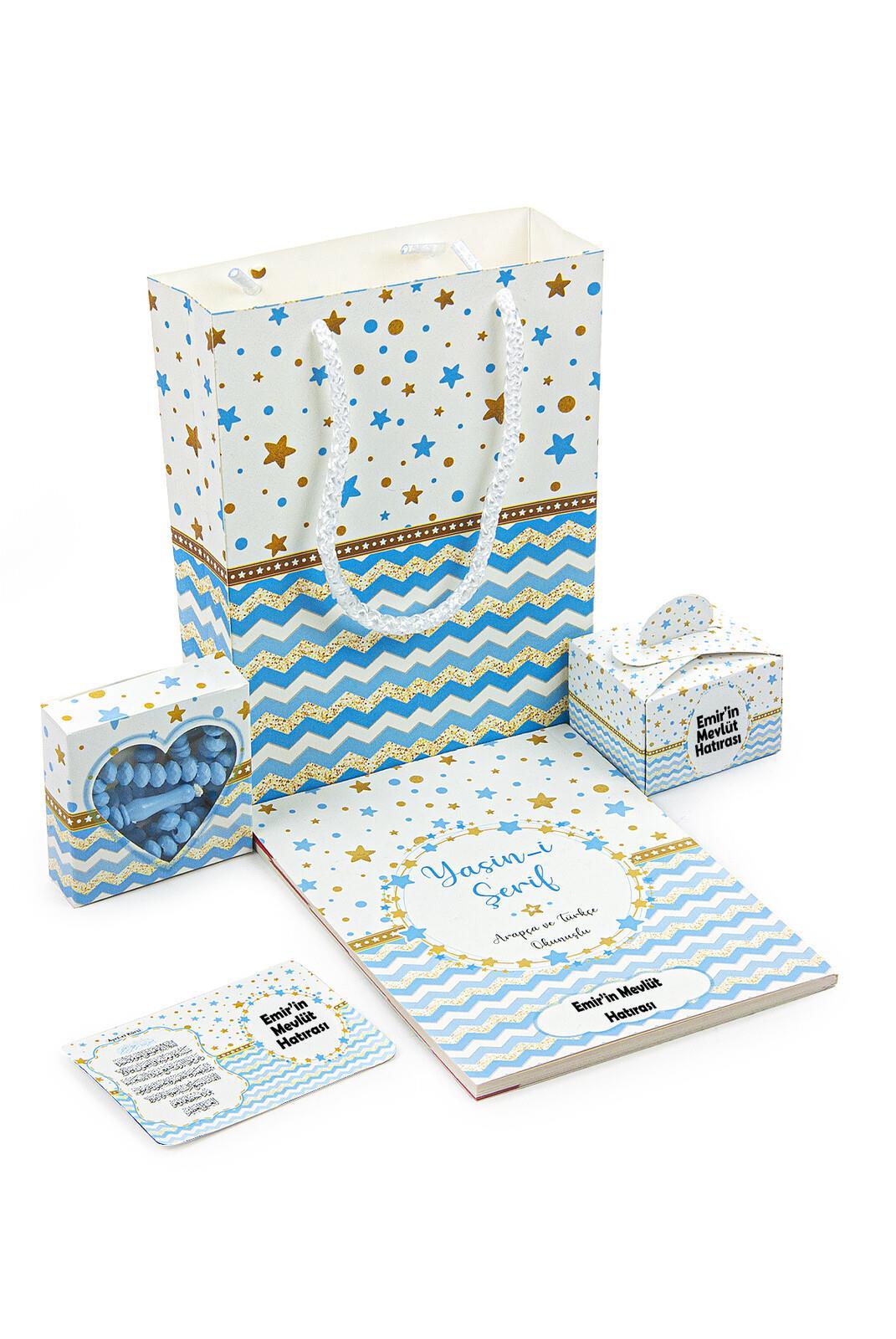 20 ADET İsme Özel Çantalı Şekerli Magnetli Tesbihli Mavi Bebek Mevlüt Hediyesi Yasin Kitabı Seti