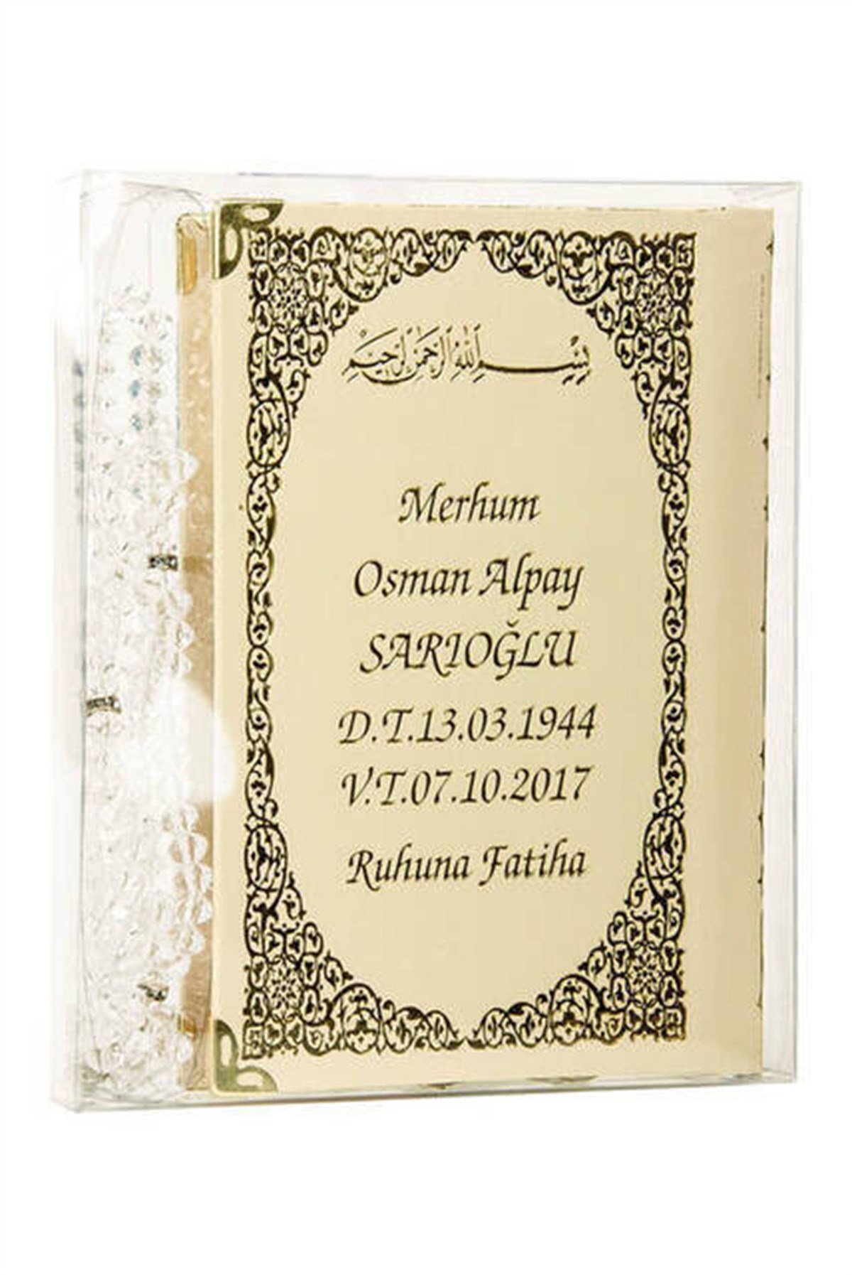50 ADET - İsim Baskılı Ciltli Yasin Kitabı - Çanta Boy - 128 Sayfa - Tesbihli - Şeffaf Kutulu - Krem Renk - Dini Hediyelik Set