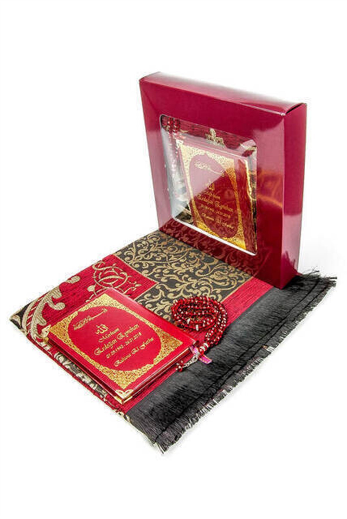 50 ADET - İsim Baskılı Ciltli Yasin Kitabı - Seccadeli - Tesbihli - Kutulu - Kırmızı - Mevlit Hediye Seti