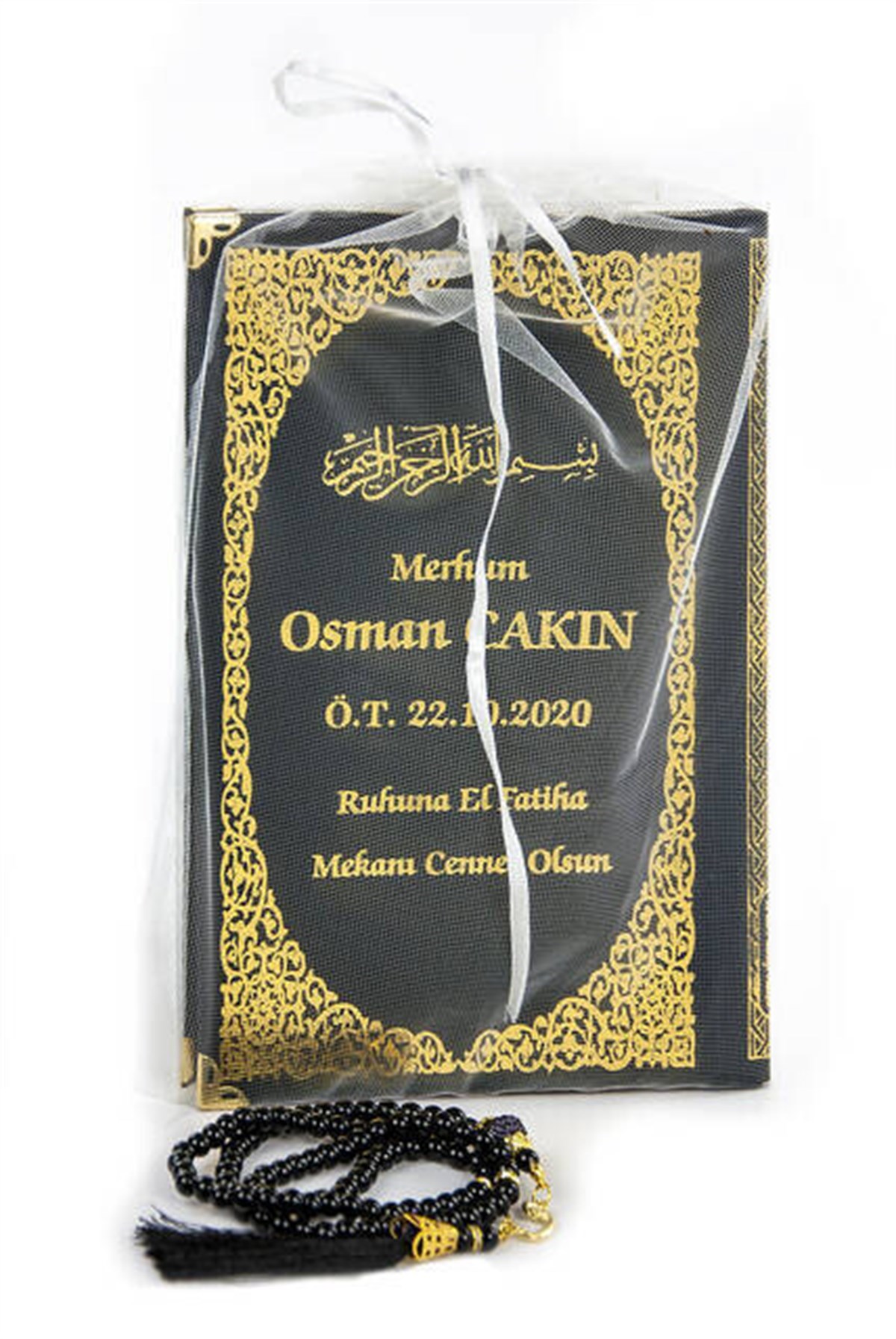 50 ADET - İsim Baskılı Ciltli Yasin Kitabı - Orta Boy - İnci Tesbihli - Tül Keseli - Siyah Renk