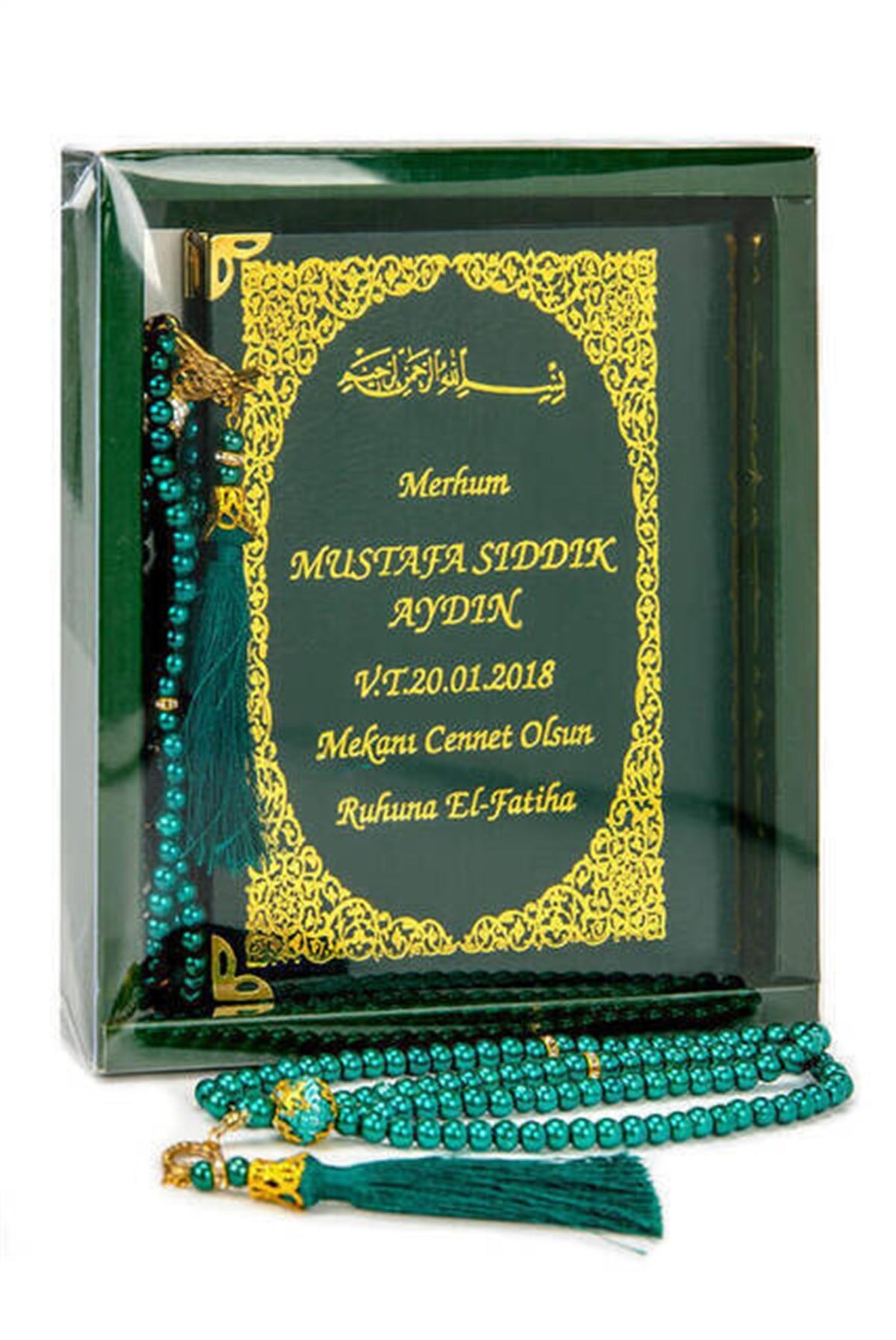 50 ADET - İsim Baskılı Ciltli Yasin Kitabı - Çanta Boy - 128 Sayfa - Kutulu - Vavlı İnci Tesbih - Yeşil Renk - Hediyelik Set