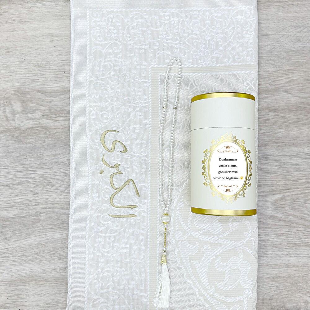 Arapça Hediyelik İpek Nur Tafta Seccade ,İnci Tesbih ,Silindir Seti  99 lu Tesbih - Krem