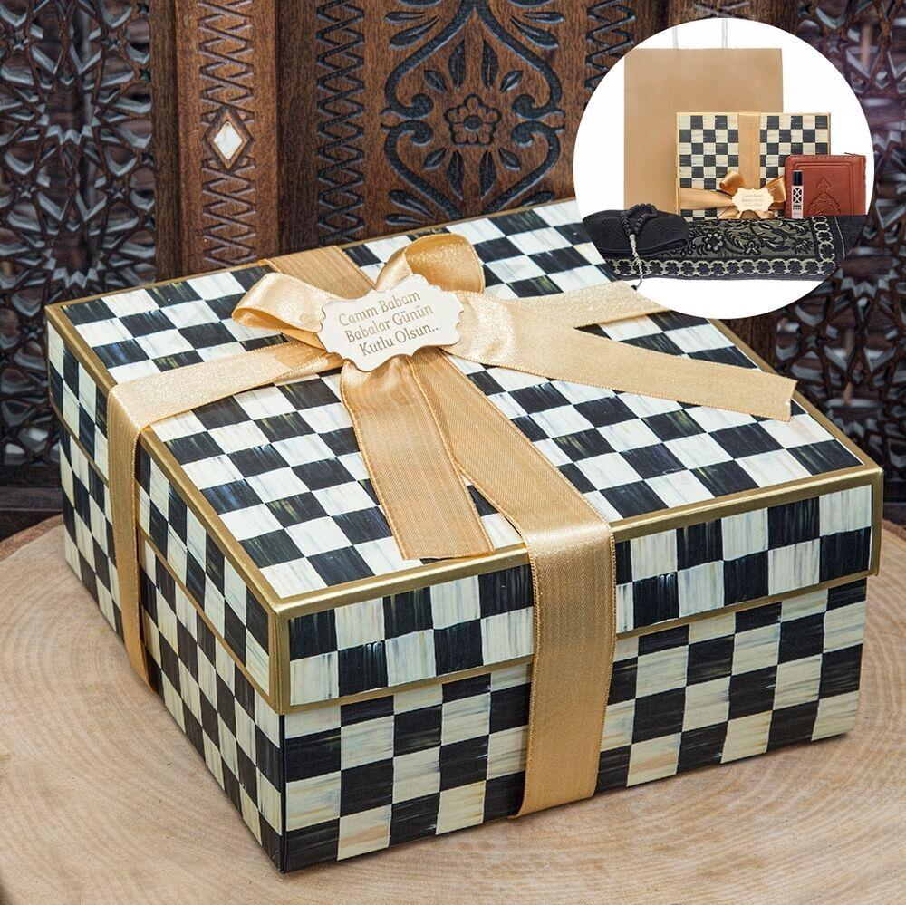 Babalar Günü Hediyesi, Özel Kareli Kutu, Kur'an-ı Kerim, Seccade, Takke, Tesbih 33'lü, Esans Çantalı Set