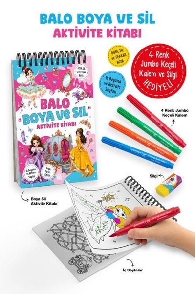 KolektifMalbücherBalo Boya ve Sil Aktivite Kitabı - 4 Renk Jumbo Keçeli Kalem ve Silgi Hediyeli
