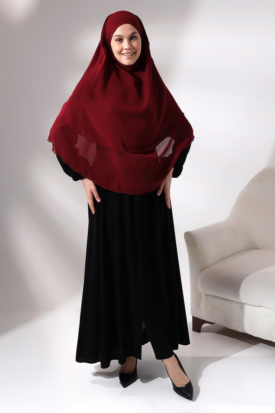 Bordo Üç Katlı Peçeli Kısa Şifon Tesettür Sufle Eşarp