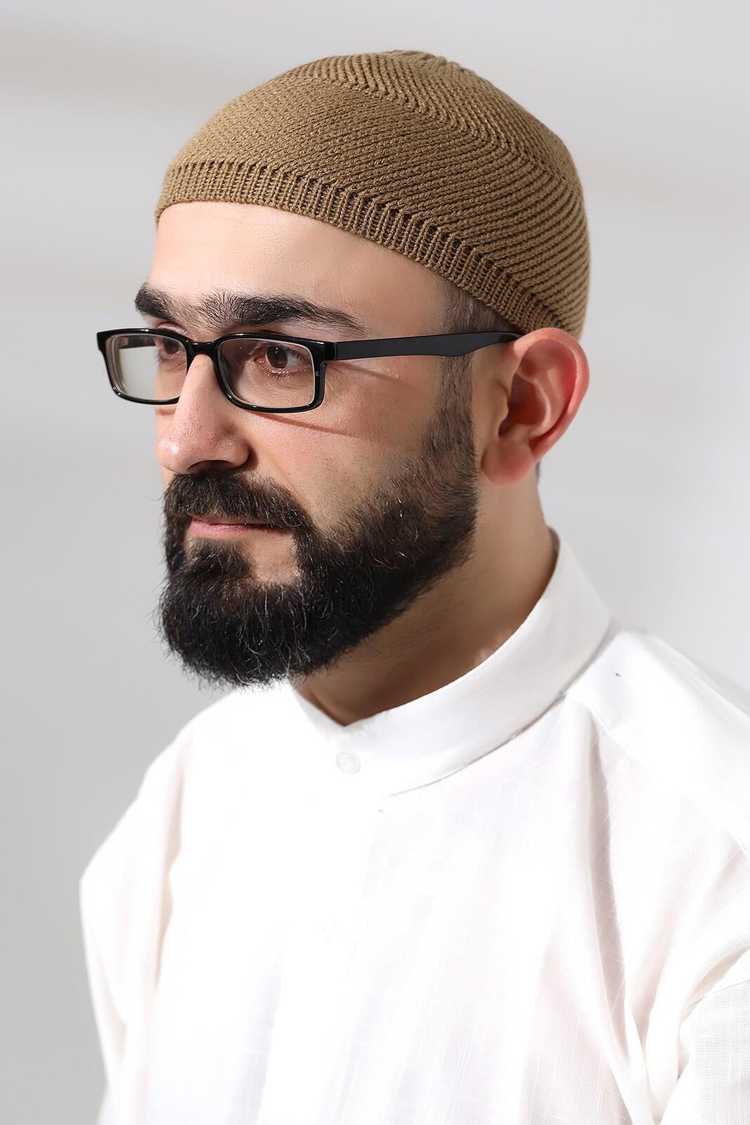 Camel Süper Namaz Dantel Detaylı Örme Orlon Namaz Takkesi