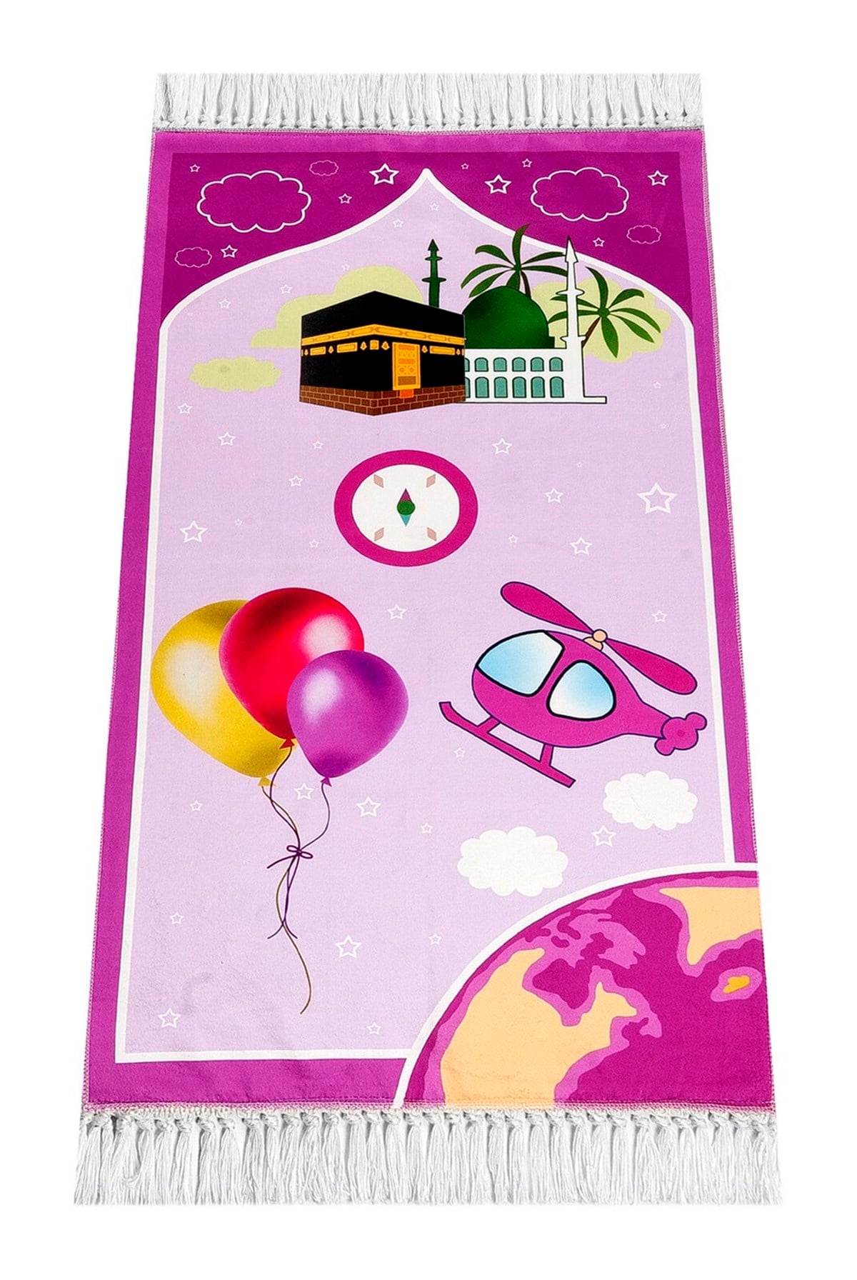 Dijital Baskılı Çocuk Seccadesi - Balonlu  Kabeli Pembe Renk - 44 X 78 cm