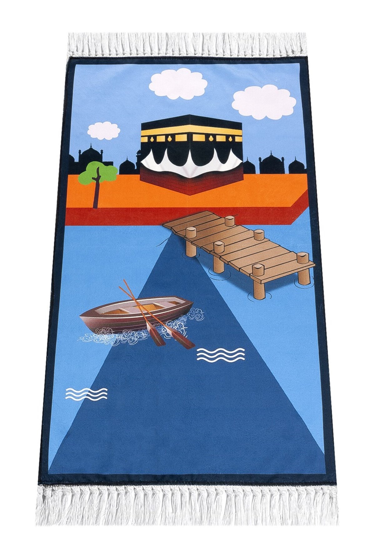 Dijital Baskılı Çocuk Seccadesi - Kayıklı Kabeli Mavi Renk - 44 X 78 cm