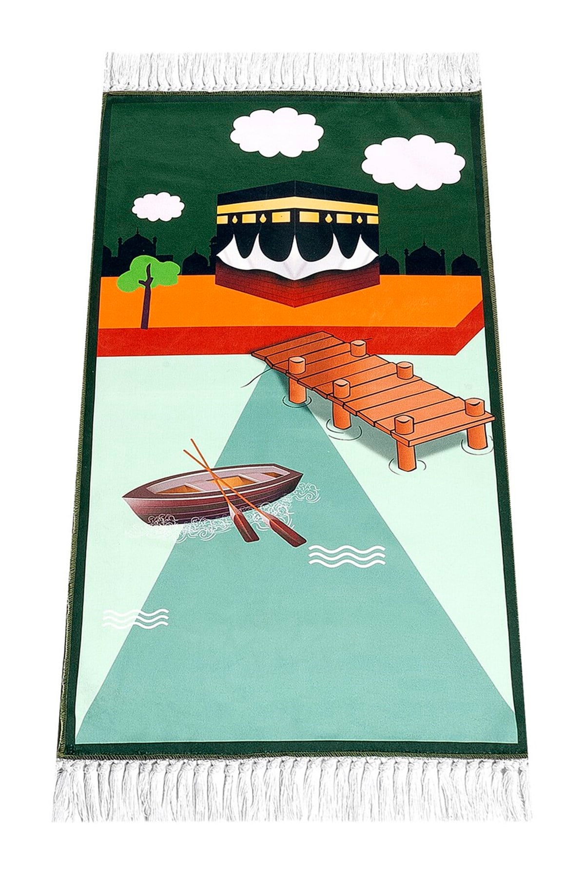 Dijital Baskılı Çocuk Seccadesi - Kayıklı Kabeli Yeşil Renk - 44 X 78 cm