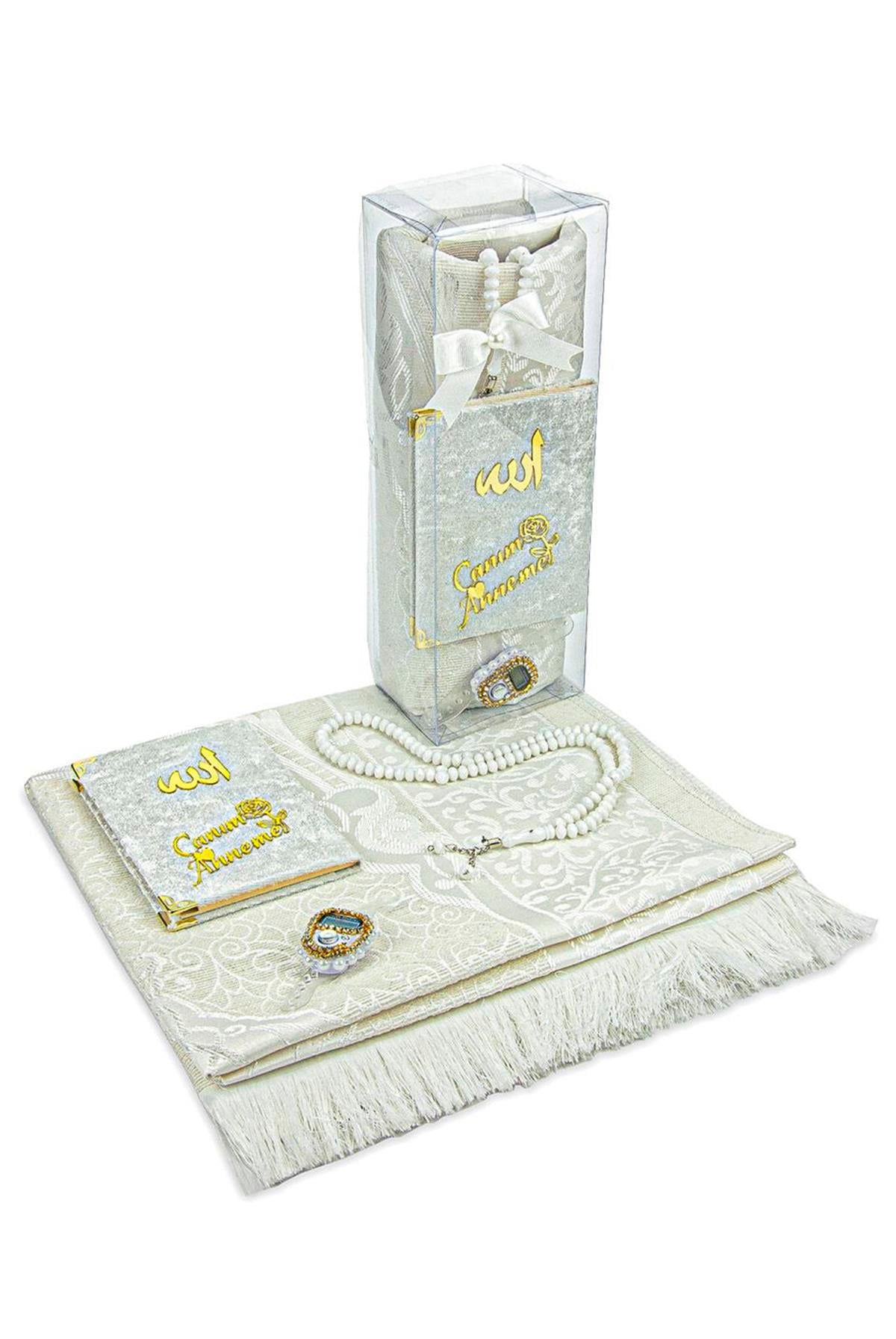 Doğum Günlerine ve Anneler Gününe Özel Cep Boy Kadife Yasin Kitabı Seccade Kristal Plastik Tesbihli Kutulu Set Beyaz