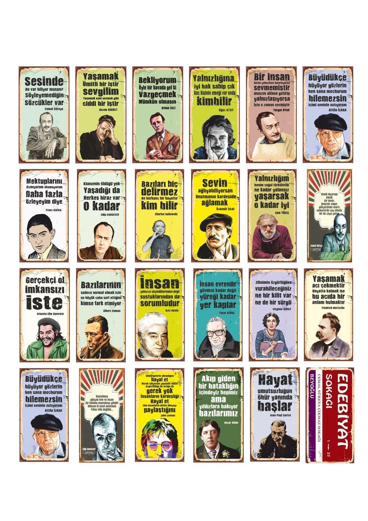 Edebiyat Sokağı Şairler Ve Yazarlar Retro Ahşap Poster Seti 24 Lü