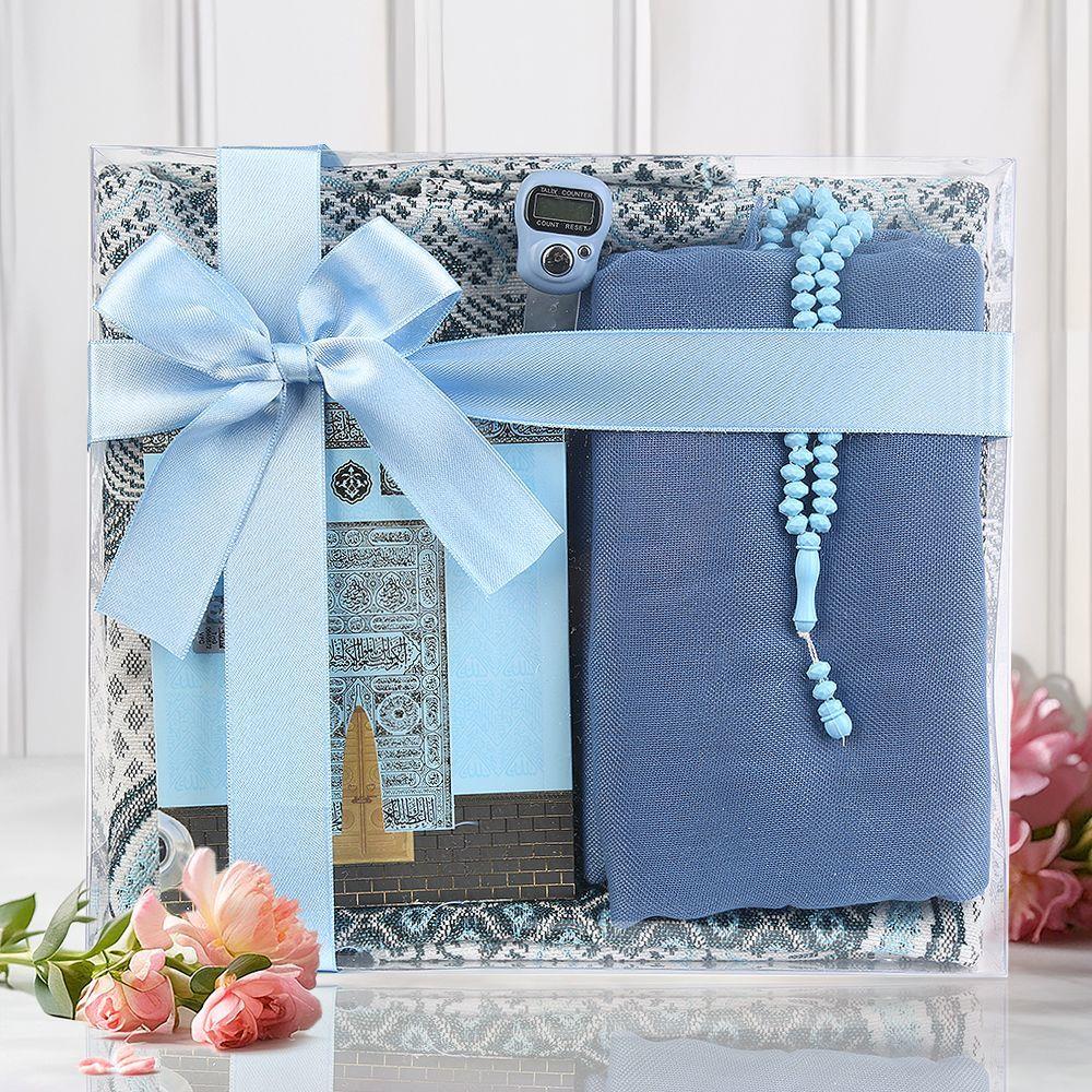 Ekonomik Çanta Boy Yasin, Seccade, Tesbih, Zikirmatik, Süslemeli Asetat Kutulu (23*26 cm -475gr)-Mavi