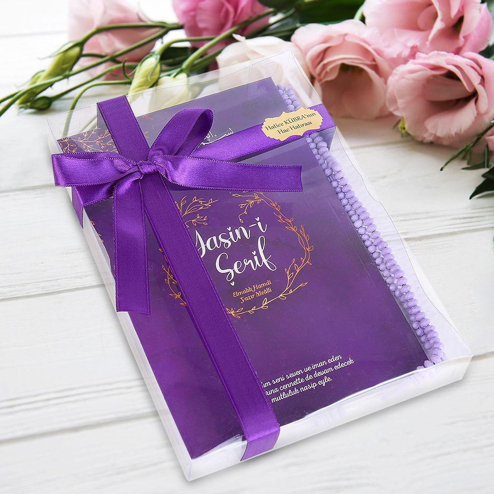 Ekonomik Hediyelik Orta Boy Yasin, Tesbih, Süslemeli Asetat Kutulu (25*18 cm 150 gr)Mor