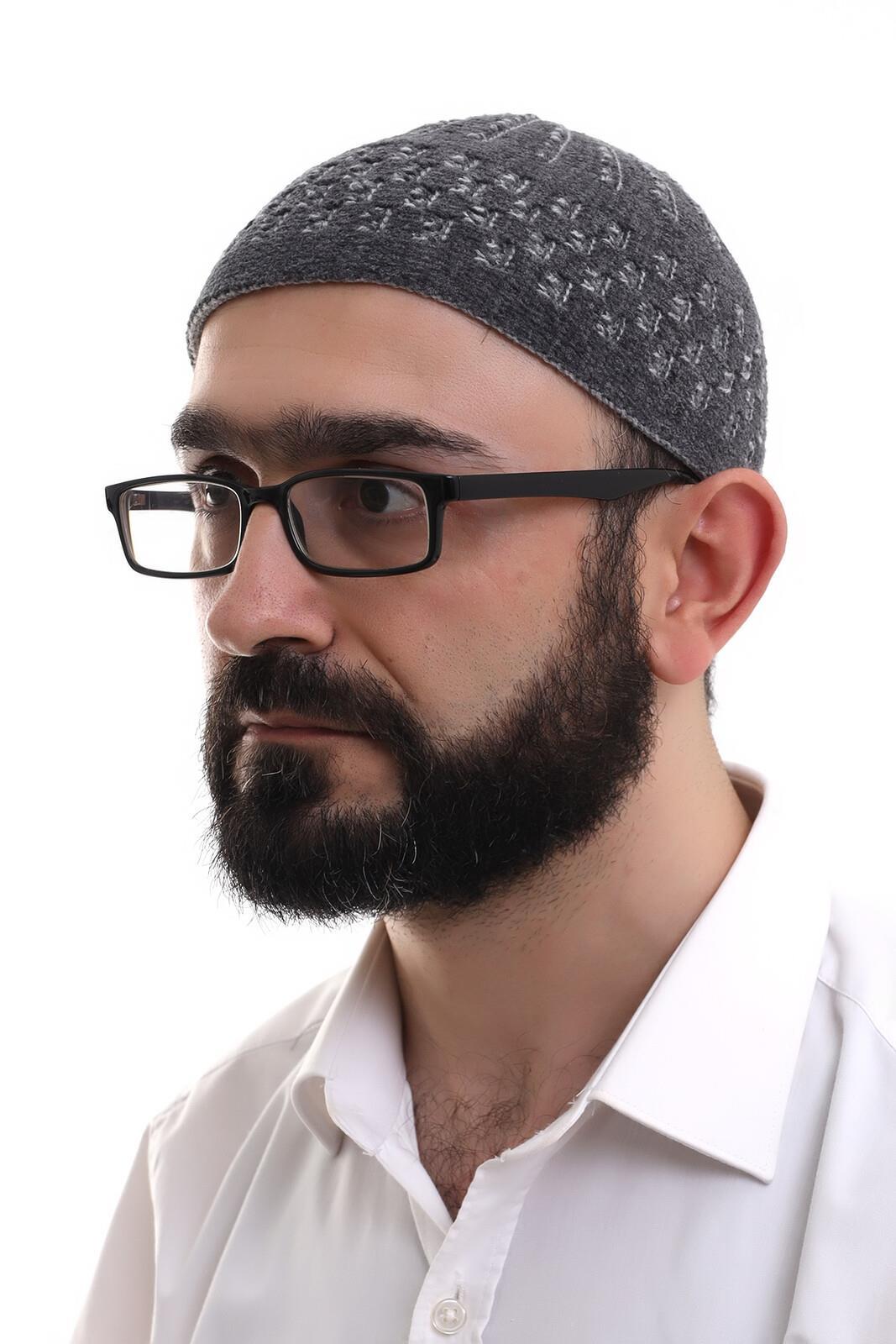 Füme Gri Hasır Desen Kışlık Kadife Namaz Takkesi