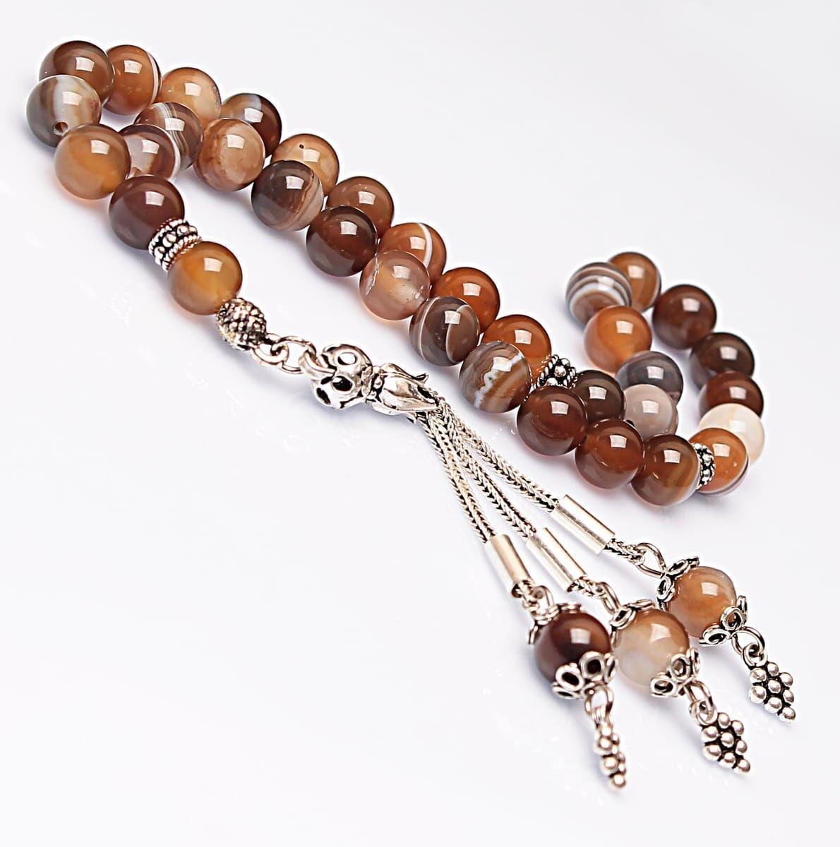 Gerçek Madagaskar Akik Taşı Tesbih-Damarlı Akik Tesbih-Gümüş Malzemeli Tesbih-33lük Tesbih-Orijinal Doğal Taş Tesbih-Küre Kesim Tesbih