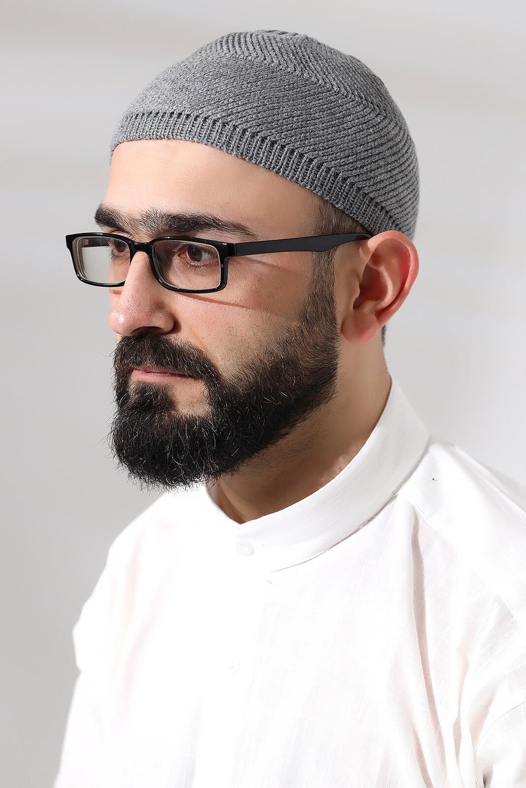 Gri Süper Namaz Dantel Detaylı Örme Orlon Namaz Takkesi