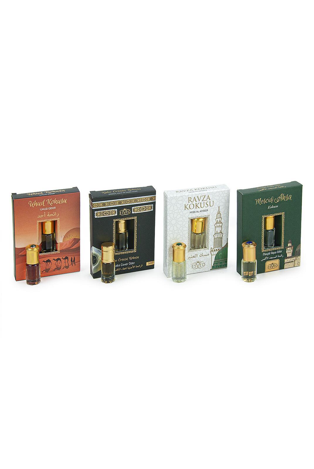 Hac ve Umre Kokuları 4 lü Set: Uhud, Kabe Örtüsü, Ravza ve Mescidi Aksa Kokusu ve Esansı