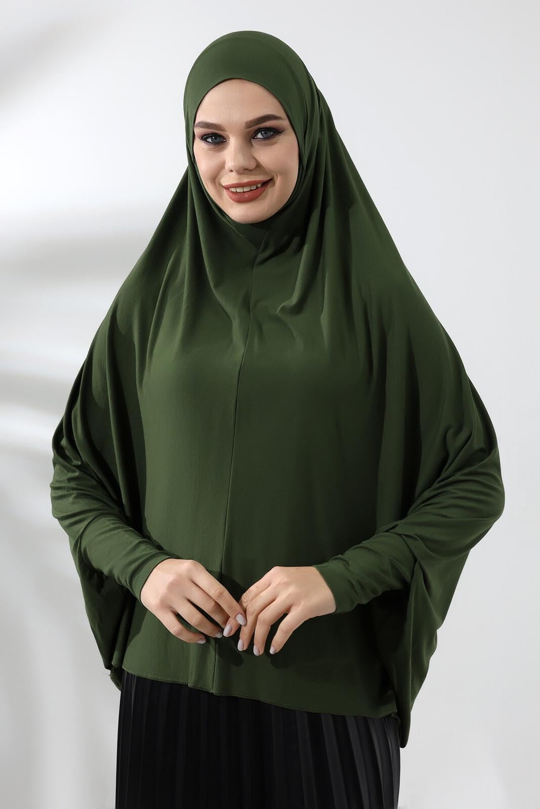 Haki Hazır Pratik Sultanbaş Tesettür Kollu Penye Sufle Eşarp Hijab